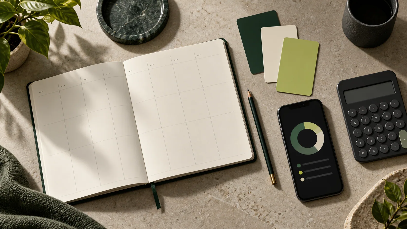 Planner, calculator and phone arranged for a budgeting session
