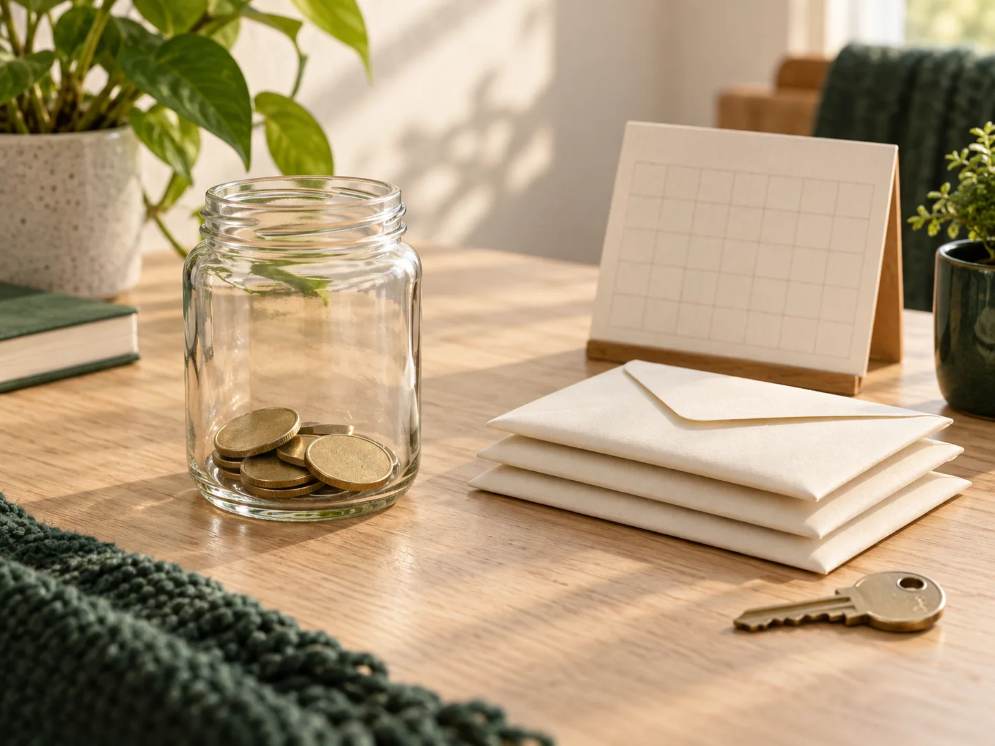 Savings jar, envelopes and a house key on a table