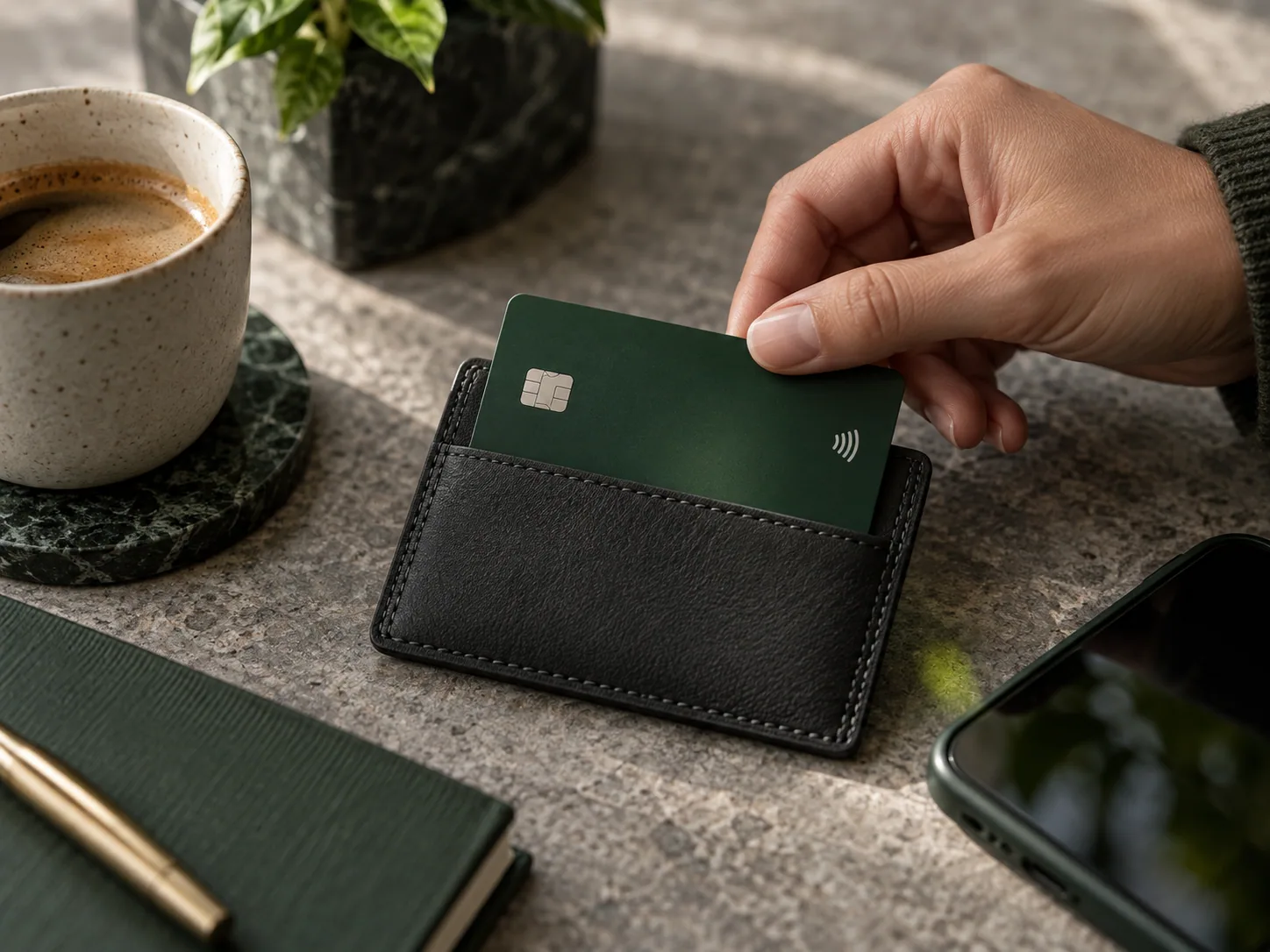 Hand placing a blank green payment card into a card holder