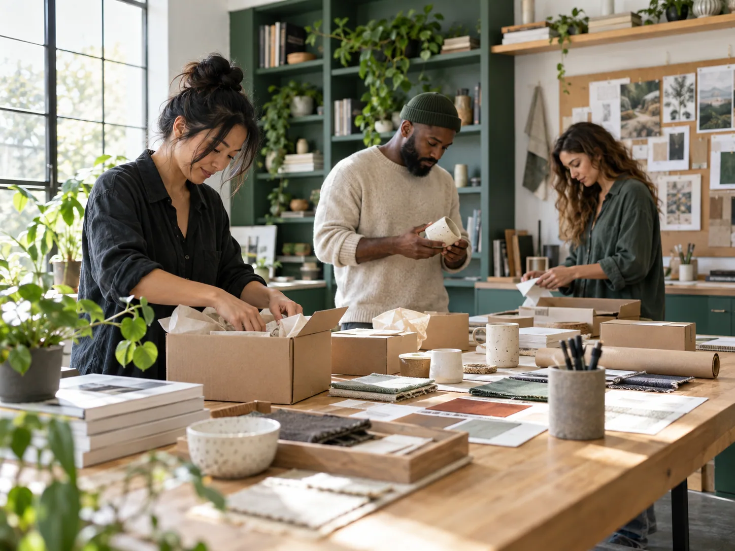 Creative business team preparing products in a bright studio
