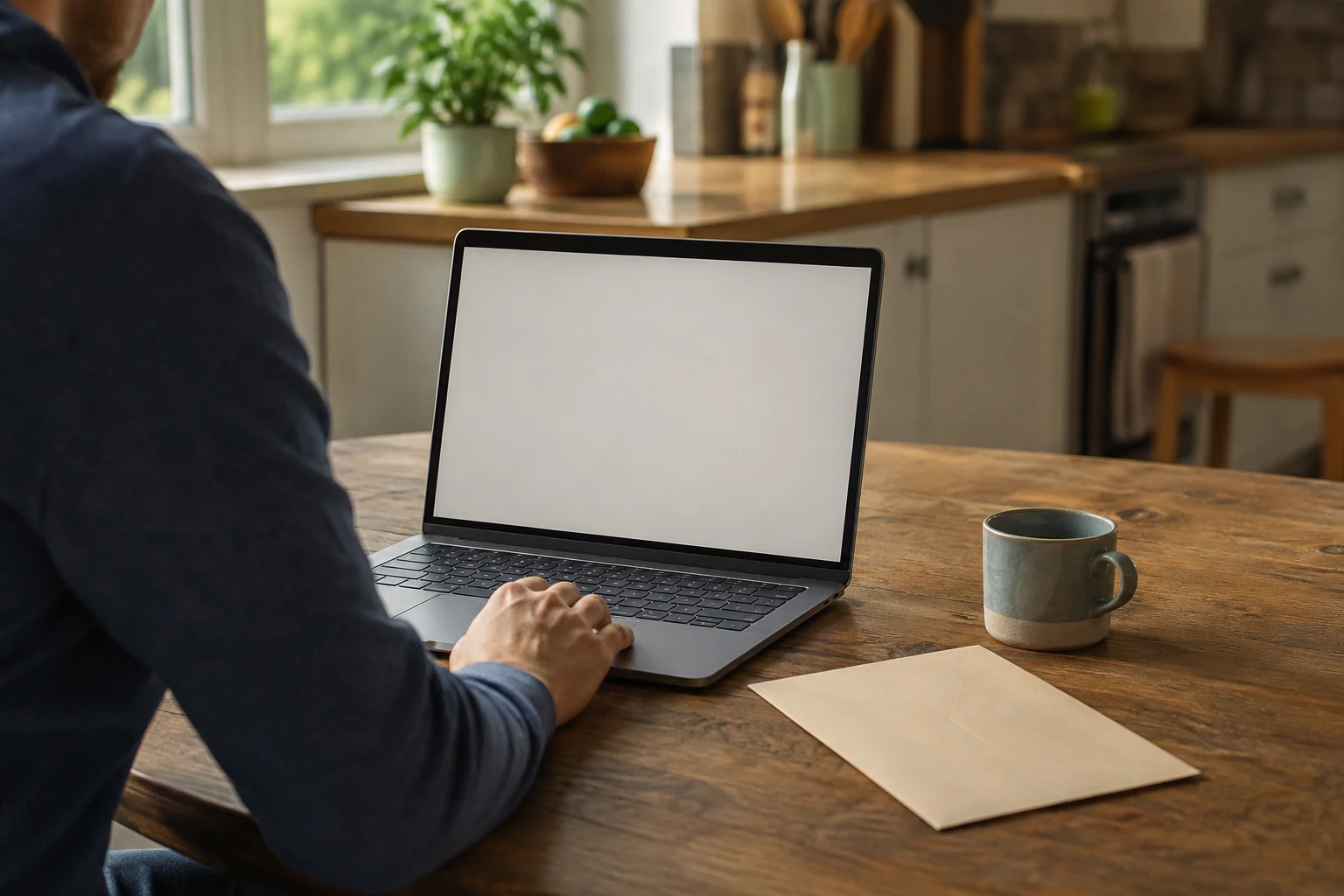 A person using a laptop at a kitchen table beside a mug and envelope