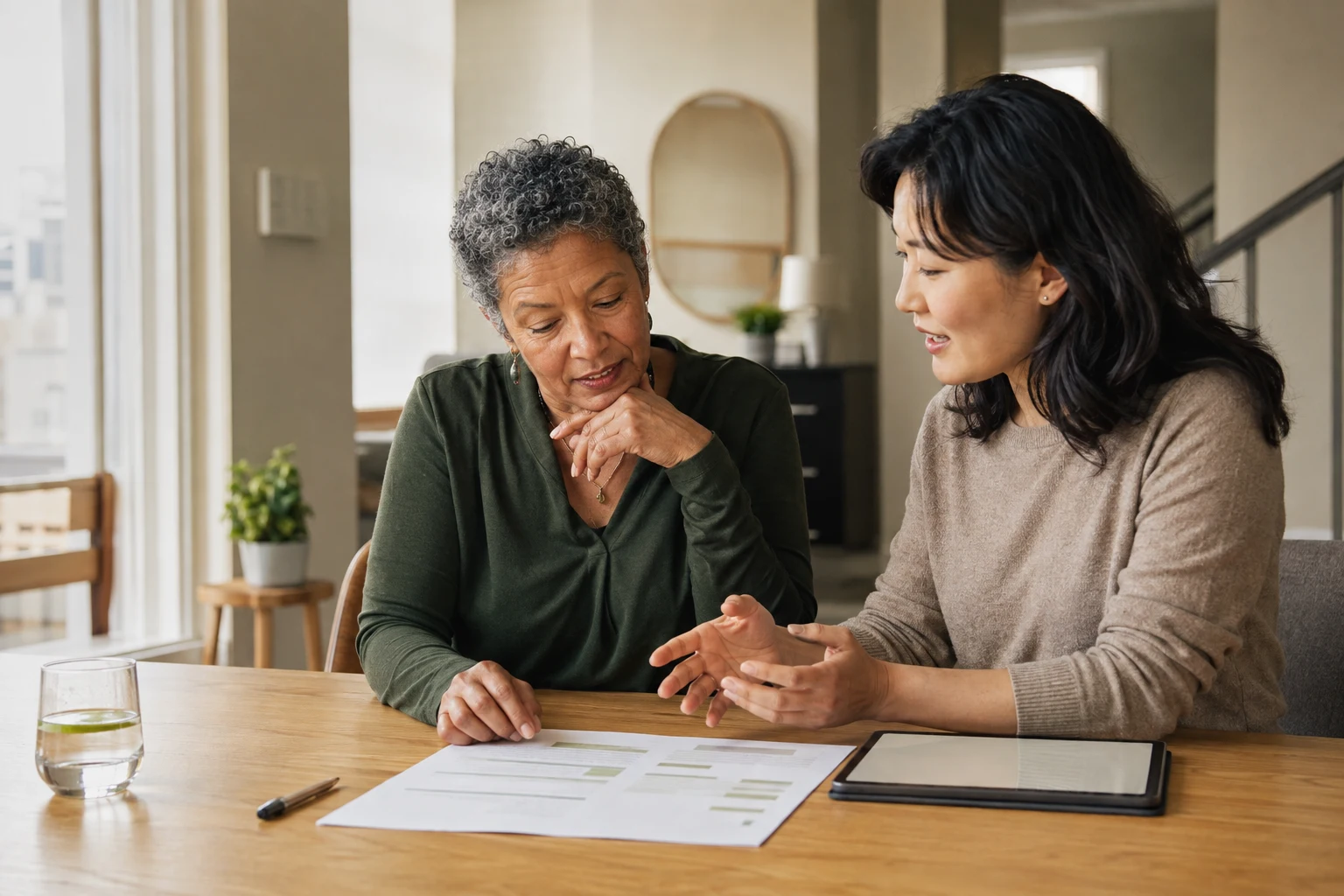 Two women reviewing a financial plan together at a sunlit table